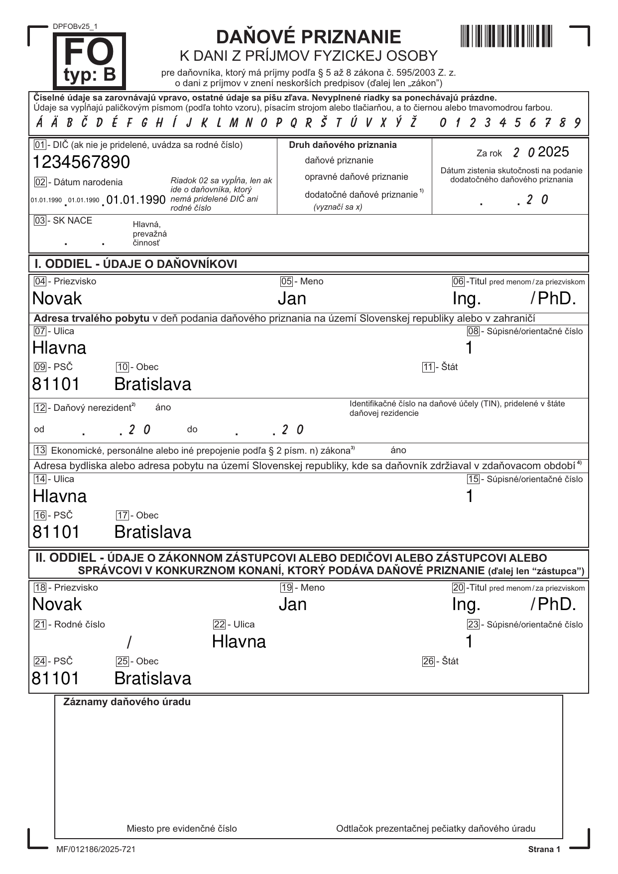 Ukážka: vyplnené PDF daňového priznania typ B
